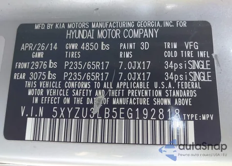 2014 Hyundai Santa Fe Sport 2.4L from USA, damaged, VIN 5XYZU3LB5EG192818